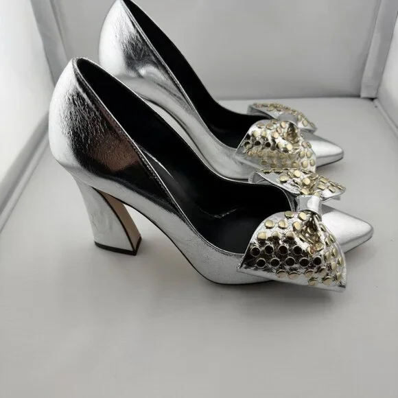 Ted Baker London Metallic Silver Studded Bow Heels - Picture 2 of 16
